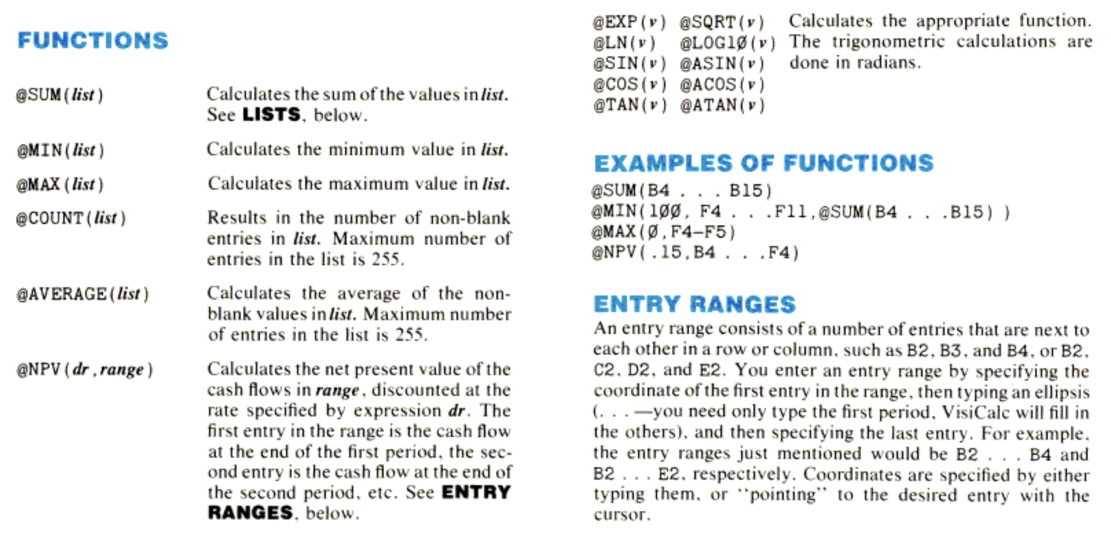 VisiCalc's original documentation card