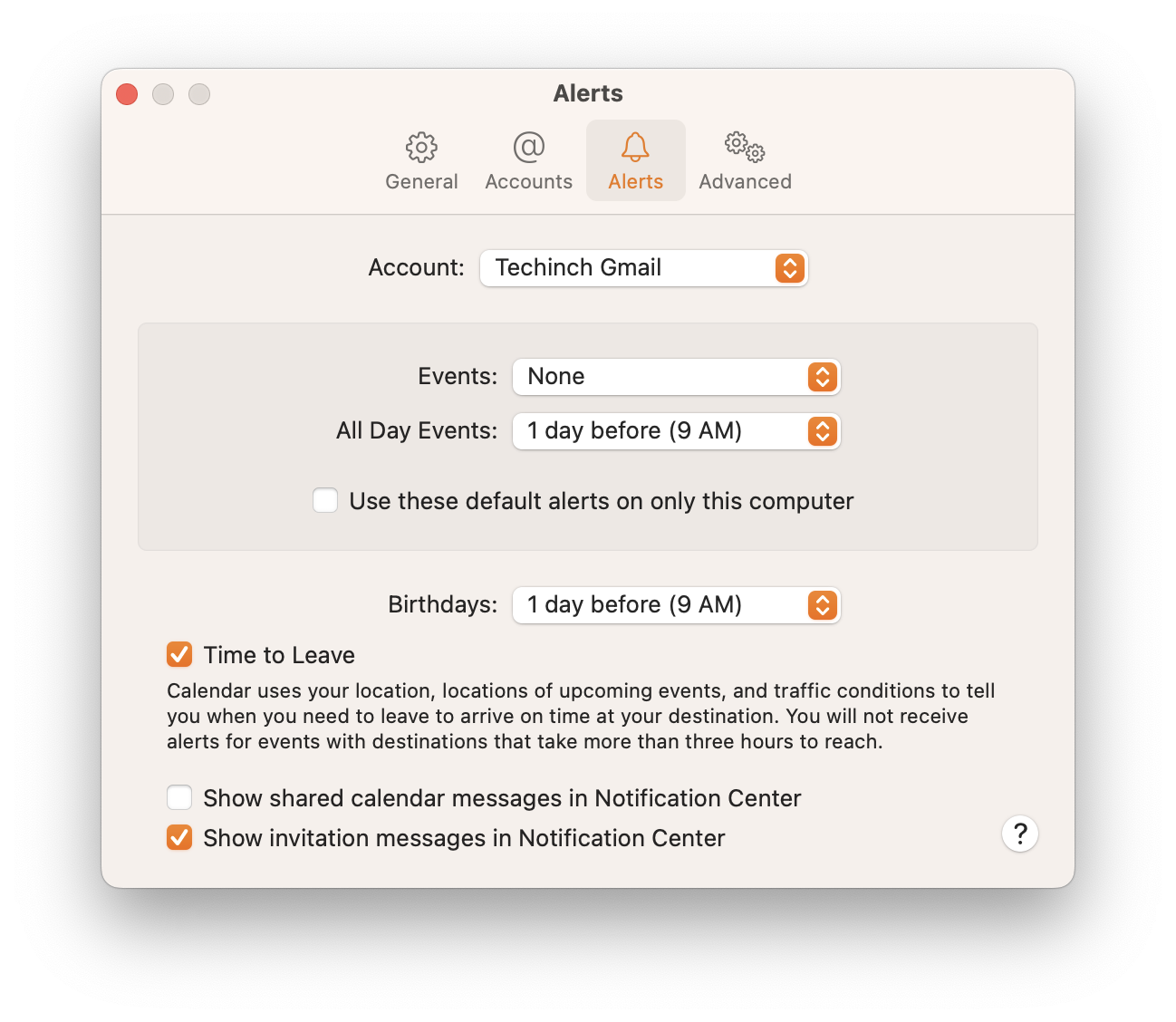 A screenshot of Apple Calendar for Mac's notification settings