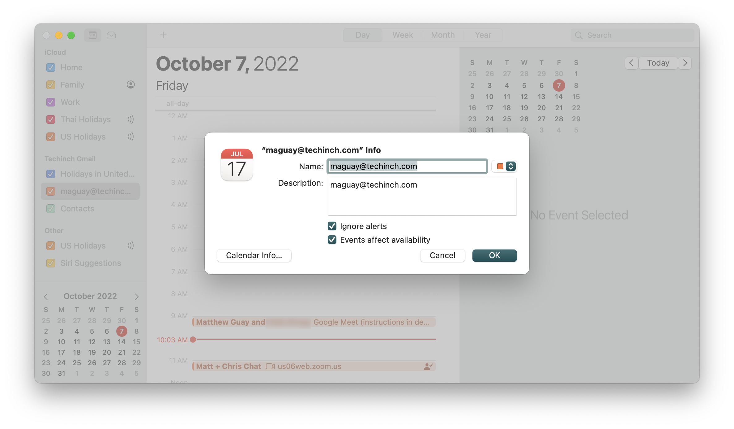 A screenshot of calendar info and alert options in Apple Calendar
