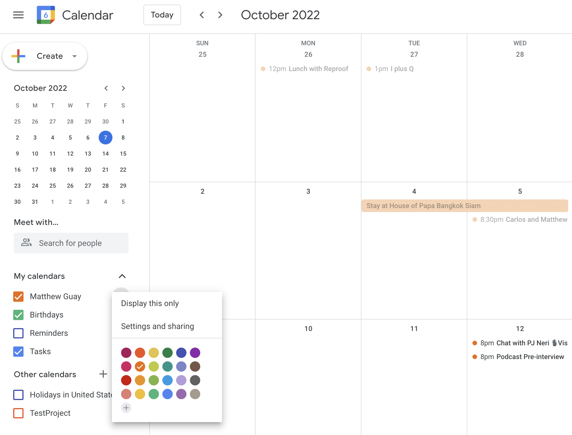 A screenshot of Google Calendar with the menu for one calendar open