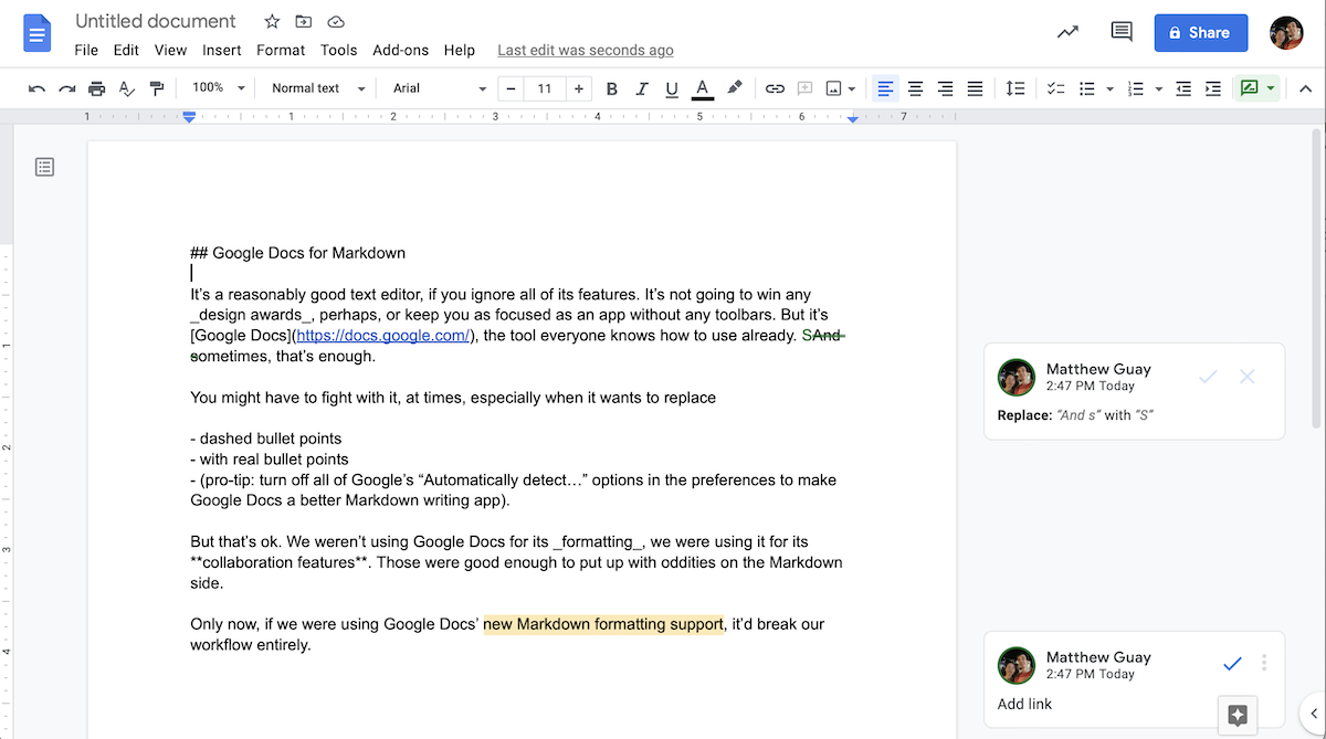 Markdown in Google Docs as plain text