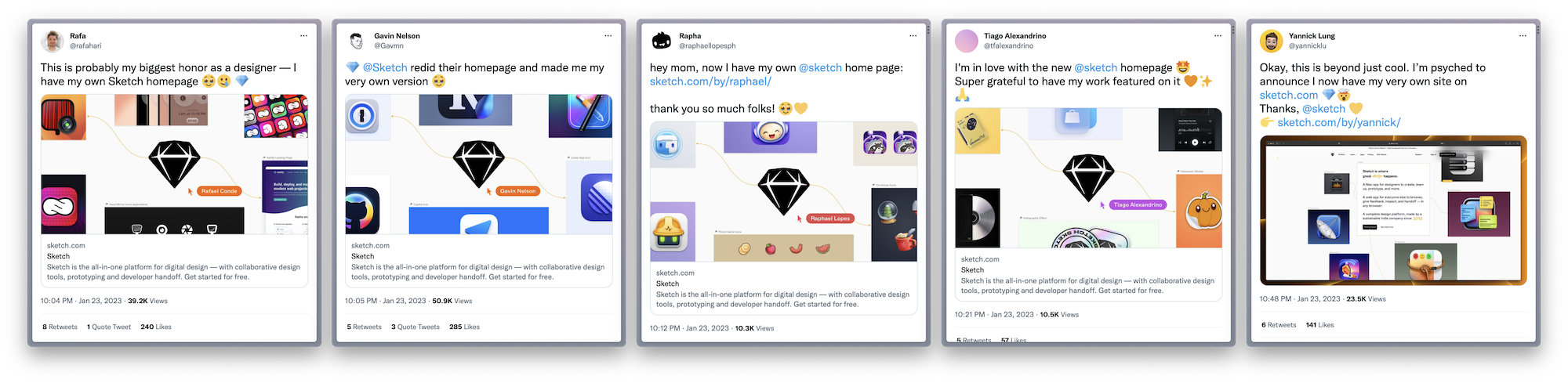 Tweets from designers celebrating Sketch's new homepages