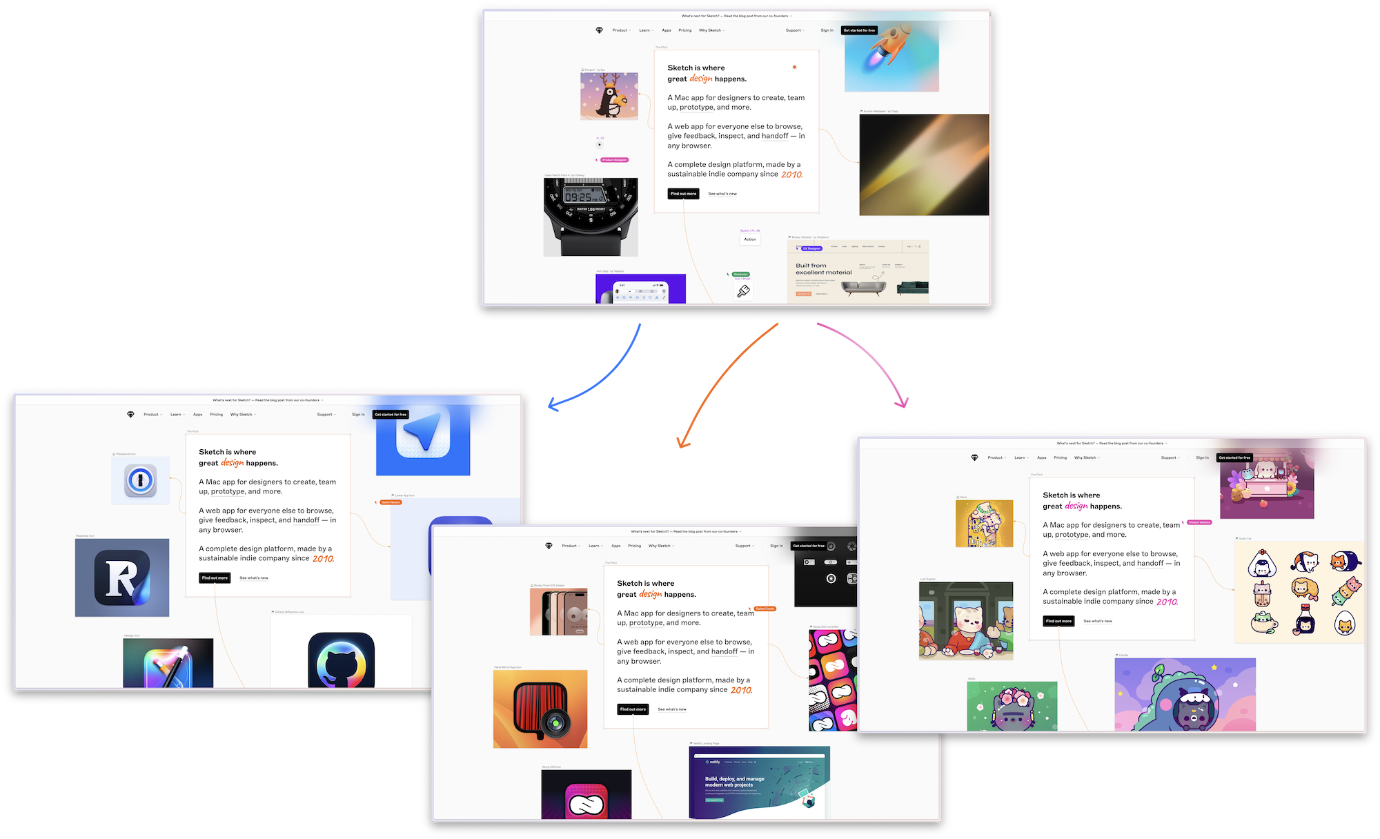 Sketch homepage variants showcasing designers and their work