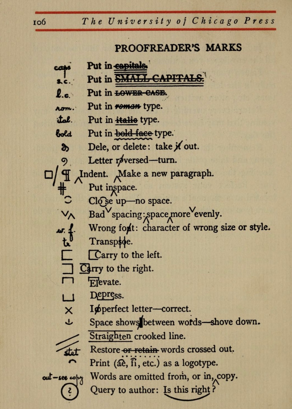 Proofreading marks from the original Chicago Manual of Style